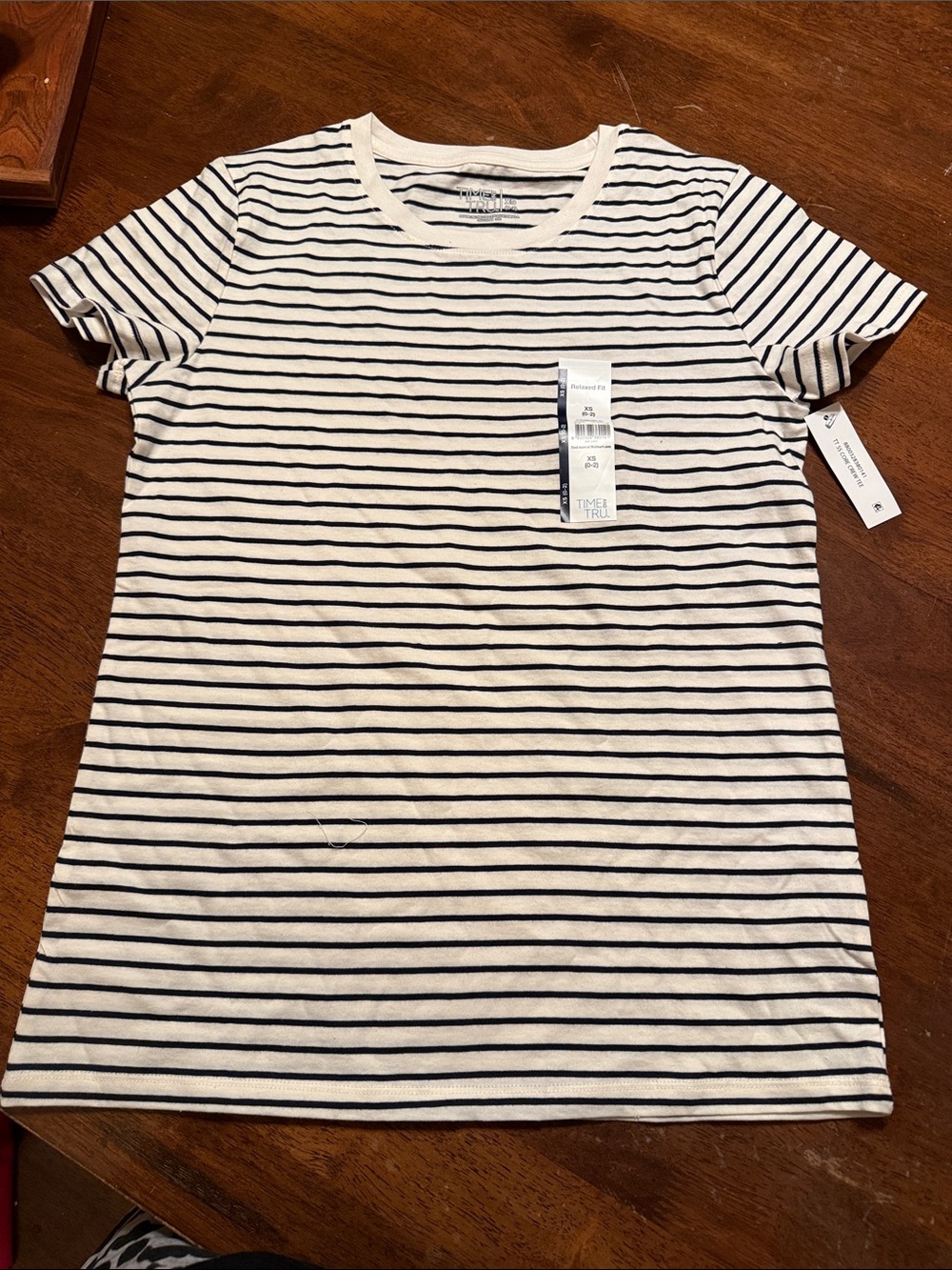 Time and Tru White & Navy Striped Short Sleeve Tee